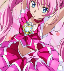 Rule 34 | 10s, 1girl, abstract background, armpits, arms up, blue eyes, bow, brooch, choker, cure melody, eyelashes, frilled skirt, frills, gem, haruyama kazunori, heart, houjou hibiki, jewelry, layered skirt, light smile, long hair, looking at viewer, magical girl, midriff, miniskirt, navel, petticoat, pink bow, pink hair, pink skirt, pink theme, precure, ribbon, skirt, sleeveless, solo, suite precure