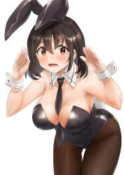 Rule 34 | 1girl, animal ears, between breasts, black hair, black leotard, blush, breasts, brown eyes, brown pantyhose, cleavage, cowboy shot, fake animal ears, haguro (kancolle), hair between eyes, highres, kantai collection, large breasts, leotard, necktie, open mouth, pantyhose, rabbit ears, short hair, simple background, solo, strapless, strapless leotard, toka (marchlizard), white background, wrist cuffs