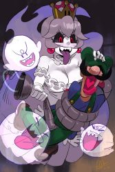 Rule 34 | 1boy, 1girl, alex ahad, black sclera, boo (mario), breasts, cleavage, colored sclera, colored skin, commentary, crown, facial hair, ghost, hat, highres, luigi, luigi&#039;s mansion, mario (series), mustache, new super mario bros. u deluxe, nintendo, overalls, poltergust 3000, princess king boo, purple tongue, red eyes, screaming, shoes, super crown, tongue, tongue out, white hair, white skin
