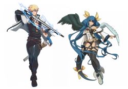Rule 34 | 1boy, 1girl, absurdly long hair, angel wings, ark1478, asymmetrical wings, bare shoulders, black thighhighs, blonde hair, blue gloves, blue hair, bow, breasts, cleavage, detached sleeves, dizzy (guilty gear), feathered wings, fingerless gloves, full body, gloves, green wings, guilty gear, guilty gear strive, guilty gear xrd, hair ribbon, hair rings, highres, holding, holding sword, holding weapon, husband and wife, ky kiske, large breasts, long hair, looking at viewer, monster girl, pectorals, red eyes, ribbon, short hair, simple background, smile, standing, sword, tail, tail bow, tail ornament, tail ribbon, thighhighs, twintails, very long hair, weapon, white footwear, white wings, wings, yellow ribbon