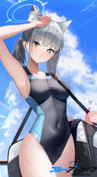 Rule 34 | 1girl, absurdres, animal ear fluff, animal ears, bare shoulders, black one-piece swimsuit, blue archive, blue eyes, blue sky, blush, breasts, collarbone, covered navel, cross hair ornament, extra ears, grey hair, gulu qaq, hair ornament, halo, highleg, highleg swimsuit, highres, looking at viewer, medium breasts, medium hair, one-piece swimsuit, ponytail, shiroko (blue archive), shiroko (swimsuit) (blue archive), sky, solo, swimsuit, thighs, wolf ears
