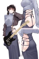 Rule 34 | 1girl, ass, backbone, butt crack, clothing cutout, commentary request, cross-laced clothes, cross-laced cutout, electric guitar, gluteal fold, grey jacket, groin, guitar, guitar little sister (hitomi o), twirling hair, highres, hitomi o, instrument, jacket, jacket partially removed, light smile, long skirt, long sleeves, looking at viewer, midriff, mole, mole under mouth, multiple views, no panties, original, print sweater, side ponytail, side slit, simple background, skin tight, skindentation, skirt, sleeves past wrists, striped clothes, striped sweater, sweater, underass, vertical stripes, white background