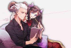 Rule 34 | 10s, 1boy, 1girl, 2015, archer (fate), blue eyes, book, brown eyes, brown hair, carrot (supercarrot), dress shirt, fate/stay night, fate (series), happy new year, horns, new year, sheep horns, shirt, tohsaka rin, two side up, white hair
