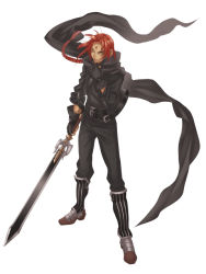 Rule 34 | 1boy, belt, bindi, black gloves, black scarf, boots, braid, facial mark, forehead mark, full body, gloves, hatake michi, legs apart, long hair, looking at viewer, male focus, one eye closed, pants, red eyes, red hair, scarf, simple background, single braid, solo, standing, sword, weapon, white background