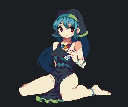 Rule 34 | 1girl, 4qw5, apron, barefoot, black background, blue hair, flower, full body, green apron, green headwear, groin, haniyasushin keiki, head scarf, jewelry, long hair, looking at viewer, magatama, magatama necklace, naked apron, necklace, pink eyes, seiza, simple background, sitting, solo, touhou, wariza, white flower