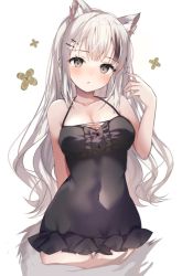 Rule 34 | 1girl, animal ear fluff, animal ears, black dress, blush, bonono, breasts, cat ears, cleavage, closed mouth, dress, grey eyes, highres, large breasts, long hair, looking at viewer, navel, original, sleeveless, sleeveless dress, solo, tail, white background, white hair