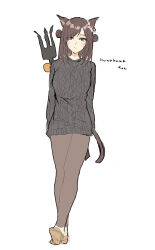 Rule 34 | 1girl, animal ears, black sweater, brown footwear, brown hair, brown pants, cat ears, cat girl, cat tail, closed mouth, double bun, final fantasy, final fantasy xiv, full body, hair bun, highres, kinona, looking at viewer, miqo&#039;te, pants, shoes, simple background, sketch, solo, standing, sweater, tail, white background, yellow eyes