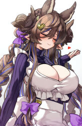 Rule 34 | 1girl, animal ears, apron, blush, bow, braid, breasts, brown hair, cleavage, cleavage cutout, closed eyes, clothing cutout, cosplay, extra ears, galleon (granblue fantasy), granblue fantasy, hair between eyes, hair bow, hair ornament, heart, heart hair ornament, highres, horns, large breasts, long hair, multicolored hair, narmaya (granblue fantasy), narmaya (granblue fantasy) (cosplay), narmaya (valentine) (granblue fantasy), osakana (rrg0123), pointy ears, purple bow, purple sweater, smile, solo, streaked hair, sweater, turtleneck, turtleneck sweater, very long hair