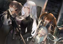 Rule 34 | 404 (girls&#039; frontline), 4girls, absurdres, alternate breast size, alternate costume, armband, assault rifle, beret, black coat, black gloves, black pants, black ribbon, blunt bangs, blurry, blurry background, blush, breast pocket, breasts, brown eyes, brown hair, chain, city, closed mouth, cloud, cloudy sky, coat, collared shirt, commentary, crossed bangs, drooling, expressionless, facial mark, fingerless gloves, floating hair, g11 (girls&#039; frontline), girls&#039; frontline, gloves, green eyes, grey jacket, grey vest, gun, h&amp;k hk416, hair between eyes, hair ornament, hairclip, half-closed eyes, hat, heckler &amp; koch, highres, hk416 (girls&#039; frontline), holding, holding gun, holding weapon, huge filesize, isaka wasabi, jacket, light particles, long hair, long sleeves, looking at another, looking at viewer, medium breasts, multiple girls, neck ribbon, one eye closed, one side up, open clothes, open coat, open mouth, outdoors, pants, pinstripe pattern, pinstripe vest, pocket, purple vest, ribbon, rifle, scar, scar across eye, scar on face, shirt, siblings, silver hair, sisters, sitting, sky, sleeves rolled up, smile, striped clothes, striped vest, suit jacket, teardrop, twins, twintails, ump45 (girls&#039; frontline), ump9 (girls&#039; frontline), very long hair, vest, weapon, white shirt, wind, wind lift, yellow eyes, yellow neckwear