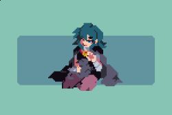 Rule 34 | 1girl, animal, animal on lap, animated, animated gif, arm up, black cape, black cat, blue background, blue eyes, blue hair, brown legwear, byleth (female) (fire emblem), byleth (fire emblem), cape, cat, cat on lap, closed mouth, commentary, fire emblem, fire emblem: three houses, hair between eyes, hunter russell, laughing, long sleeves, looking down, nintendo, on lap, pixel art, simple background, sitting, smile, solo