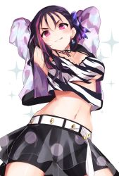 1girl, :q, armpits, arms behind head, arms up, belt, bike shorts, black hair, black shorts, bow, breasts, cameltoe, choker, cowboy shot, crop top, crop top overhang, cropped jacket, earrings, goroo (eneosu), hair bow, highres, jacket, jewelry, kazuno sarah, long hair, long sleeves, looking at viewer, love live!, love live! sunshine!!, midriff, miniskirt, multicolored hair, navel, open clothes, open jacket, pink eyes, revision, see-through, shirt, short shorts, shorts, shorts under skirt, simple background, skirt, sleeveless, sleeveless shirt, smile, solo, stomach, streaked hair, tongue, tongue out, torn clothes, torn shirt, underboob, v-shaped eyebrows, white background, white jacket