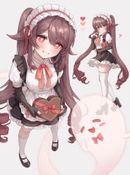 Rule 34 | 1girl, :t, ?, absurdres, alternate costume, apron, black footwear, black gloves, black nails, black skirt, blush, boo tao (genshin impact), bow, bowtie, box, box of chocolates, breasts, brown hair, chocolate, commentary request, drill hair, elbow gloves, enmaided, fingerless gloves, food, frilled apron, frilled hairband, frills, full body, genshin impact, gift, gloves, grey background, grin, hair flaps, hairband, heart, heart-shaped box, heart-shaped pupils, high heels, highres, holding, holding chocolate, holding food, holding gift, hu tao (genshin impact), long hair, looking at viewer, maid, maid apron, maid headdress, mary janes, medium breasts, miho (mymiho), multicolored nails, multiple views, neck ribbon, puffy short sleeves, puffy sleeves, red bow, red bowtie, red eyes, red nails, red ribbon, ribbon, shirt, shoes, short sleeves, simple background, skirt, smile, socks, standing, swept bangs, symbol-shaped pupils, thighhighs, thighs, twintails, valentine, very long hair, white apron, white hairband, white shirt, white socks, white thighhighs