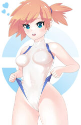 Rule 34 | 1990s (style), 1girl, asymmetrical hair, breasts, covered navel, creatures (company), curvy, full body, game freak, green eyes, gym leader, highres, looking at viewer, medium breasts, misty (pokemon), namo19, navel, nintendo, one-piece swimsuit, open clothes, open mouth, orange hair, pokemon, pokemon hgss, pokemon rgby, ponytail, retro artstyle, short hair, short ponytail, side ponytail, simple background, solo, spread legs, swimsuit, thighs, white background, white one-piece swimsuit