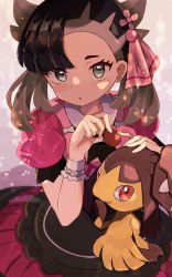 Rule 34 | 1girl, :o, asymmetrical bangs, black hair, candy, chocolate, chocolate heart, creatures (company), dress, food, game freak, gen 3 pokemon, green eyes, hair ribbon, hand up, heart, holding, holding chocolate, holding food, looking at viewer, marnie (palentine&#039;s 2022) (pokemon), marnie (pokemon), mawile, nintendo, official alternate costume, on lap, open mouth, pokemon, pokemon (creature), pokemon masters ex, pokemon on lap, red dress, ribbon, short sleeves, twintails, two side up, umiru, upper body, valentine, wrist cuffs
