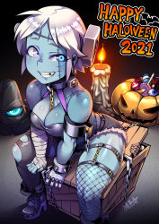 Rule 34 | 1girl, asymmetrical legwear, bandaged arm, bandages, bolt, box, breasts, candle, candy, chain, cleavage, collar, colored skin, commentary, crate, cuffs, english text, eyeball, food, glowing, glowing eye, grey skin, halloween, halloween bucket, halterneck, happy halloween, hat, heterochromia, highres, large breasts, living clothes, lollipop, looking at viewer, mechanical hands, metal collar, mismatched irises, mismatched legwear, mismatched pupils, mismatched sclera, monster, monster girl, object through head, on box, one-eyed, original, patchwork skin, ryuusei (mark ii), screw, screw in head, shackles, short hair, shorts, single mechanical hand, sitting, sitting on box, smile, solo, spiked boots, stitched face, stitched torso, stitches, strapless, swirl lollipop, thighhighs, torn clothes, torn thighhighs, tube top, witch hat