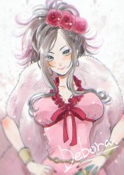 Rule 34 | belly chain, black hair, blue eyes, bow, bracer, breasts, closed mouth, deborah (dq5), dragon quest, dragon quest v, dress, feather boa, flower, hair flower, hair ornament, hair up, hands on own hips, highres, jewelry, large breasts, long hair, nail polish, outsuba itaru, pink dress, red flower, red nails, red rose, rose, smile, solo
