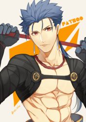 Rule 34 | 1boy, 2f sq, abs, bare pectorals, black gloves, blue hair, copyright name, cosplay, cu chulainn (fate), cu chulainn (fate/stay night), fate/grand order, fate (series), gae bolg (fate), gloves, hair strand, long hair, looking at viewer, pectoral cleavage, male focus, muscular, pectorals, ponytail, red eyes, solo, twitter username, upper body, yan qing (fate), yan qing (fate) (cosplay)