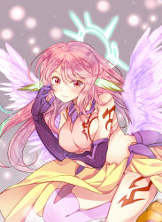 Rule 34 | 1girl, angel wings, blush, breast hold, breasts, closed mouth, spiked halo, crop top, feathered wings, gloves, gradient hair, halo, highres, jibril (no game no life), large breasts, long hair, looking at viewer, low wings, magic circle, midriff, mihara youzora, multicolored hair, no game no life, pink eyes, pink hair, sideboob, single thighhigh, smile, solo, tattoo, thighhighs, very long hair, white wings, wing ears, wings