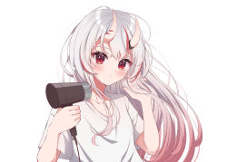 Rule 34 | 1girl, absurdres, blush, closed mouth, commentary request, floating hair, gradient hair, hair dryer, highres, holding, holding hair dryer, hololive, horns, karashi (asarikarasi), long hair, looking at viewer, multicolored hair, nakiri ayame, red eyes, red hair, shirt, short sleeves, silver hair, simple background, skin-covered horns, solo, upper body, virtual youtuber, white background, white shirt