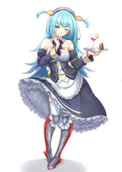 Rule 34 | 1girl, ;p, aiguillette, apron, armlet, armor, armored boots, armpit crease, asya, azur lane, bare shoulders, blue hair, blush, boots, breasts, chain, cherry, commentary request, cup, detached sleeves, dress, food, fruit, full body, gold trim, hair ornament, hand on own face, highres, holding, holding tray, knee boots, lemon, lemon slice, long hair, looking at viewer, maid headdress, medium breasts, neptune (azur lane), one eye closed, ribbon, rudder footwear, shell casing, sidelocks, simple background, solo, standing, thighhighs, tongue, tongue out, tray, two side up, white background, yellow eyes