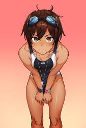 Rule 34 | 1girl, bad id, bad pixiv id, breasts, brown eyes, brown hair, competition swimsuit, dark-skinned female, dark skin, goggles, goggles on head, gradient background, highres, kr ohoshisama, leaning forward, looking at viewer, one-piece swimsuit, original, short hair, small breasts, solo, swimsuit, tomboy, watch, wet, whistle, wristwatch
