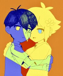 2boys :d antenna_hair basil_(faraway)_(omori) basil_(omori) blue_eyes blue_skin character_request child collared_shirt colored_skin commentary_request expressionless flower frown hair_flower hair_ornament hand_on_another&#039;s_back heads_together hi_hitun highres hug i_depend_on_you_(meme) meme multiple_boys multiple_monochrome omori open_mouth orange_background red_background see-through_body shirt short_hair short_sleeves smile sunny_(omori) upper_body very_short_hair yellow_eyes yellow_skin