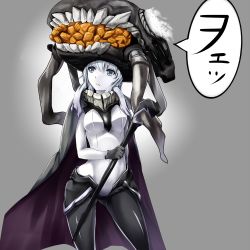 Rule 34 | 10s, 1girl, abyssal ship, bad id, bad pixiv id, bauxite, black gloves, blue eyes, bodysuit, candy, cane, cape, food, gloves, gradient background, highres, holding, kantai collection, long hair, makkori, pale skin, personification, silver hair, solo, speech bubble, standing, wo-class aircraft carrier
