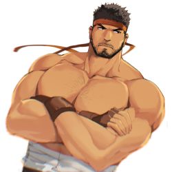 Rule 34 | 1boy, bandages, bara, bare pectorals, beard, black eyes, black hair, chest hair, covered abs, facial hair, gloves, headband, highres, large pectorals, looking to the side, male focus, manly, mature male, muscular, muscular male, necktie, unworn necktie, pectoral cleavage, pectorals, ryu (street fighter), solo, street fighter, thick arms, zhuganchangjiadan