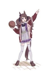 Rule 34 | 1girl, animal ears, ball, bow, bowtie, brown footwear, brown hair, fig (lchijiku), full body, highres, holding, holding ball, horse ears, horse girl, horse tail, jacket, loafers, long hair, long sleeves, open clothes, open jacket, open mouth, outstretched arm, playing sports, pointing, pointing up, purple eyes, purple shirt, sailor collar, school uniform, shirt, shoes, skirt, solo, standing, tail, thighhighs, tosen jordan (umamusume), tracen school uniform, tracen training uniform, track jacket, twintails, umamusume, v-shaped eyebrows, volleyball, volleyball (object), white skirt, white thighhighs