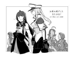 Rule 34 | 2022, 5girls, ahoge, akagi (kancolle), bare shoulders, blunt bangs, blush, bow, breasts, capelet, character request, collared shirt, cowboy shot, detached sleeves, german text, gloves, graf zeppelin (kancolle), greyscale, hat, holding hands, japanese clothes, kantai collection, long hair, looking at another, looking away, medium breasts, military, military hat, military uniform, mizuho (kancolle), monochrome, multiple girls, neckerchief, necktie, pantyhose, peaked cap, pleated skirt, sailor collar, school uniform, serafuku, shirt, short hair, sidelocks, sketch, skirt, smile, straight hair, twintails, uniform, very long hair, weidashming, wrist cuffs, yuri