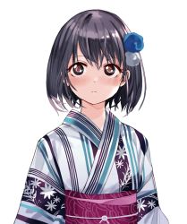 Rule 34 | 1girl, black hair, blue kimono, brown eyes, closed mouth, hair ornament, highres, japanese clothes, kimono, long sleeves, looking at viewer, luicent, medium hair, pink sash, pom pom (clothes), pom pom hair ornament, sash, simple background, solo, upper body, white background