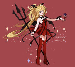Rule 34 | 2girls, blonde hair, boots, demon wings, dream han, dress, fang, full body, half updo, head wings, highres, hoshina utau, il (shugo chara!), looking to the side, lunatic charm, multiple girls, open mouth, purple eyes, red background, red dress, red footwear, shugo chara!, thigh boots, twintails, wings