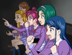 Rule 34 | 5girls, akimoto komachi, blonde hair, blue eyes, blue hair, brown hair, eyelashes, gaijin 4koma (meme), green hair, hairband, kasugano urara (yes! precure 5), long hair, meme, minazuki karen, multiple girls, natsuhina, natsuki rin, parody, pink hair, precure, purple skirt, school uniform, skirt, yes! precure 5, yumehara nozomi