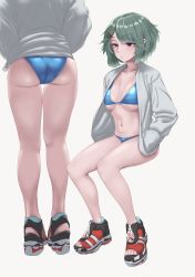 Rule 34 | 1girl, ass, bare legs, bikini, blue bikini, breasts, cleavage, closed mouth, expressionless, from behind, full body, green hair, grey background, grey jacket, hair ornament, hairclip, hands in pockets, head out of frame, jacket, long sleeves, medium breasts, multicolored footwear, multiple views, navel, open clothes, open jacket, original, platform footwear, purple eyes, short hair, simple background, squatting, standing, stomach, swept bangs, swimsuit, thigh gap, toeless footwear, tomiokasena, underboob