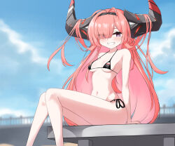 Rule 34 | 1girl, :d, antenna hair, azur lane, bikini, black bikini, black hairband, blue sky, breasts, collarbone, cross, day, eyes visible through hair, feet out of frame, grin, hair over one eye, hairband, highres, iron cross, kimofest, long hair, looking at viewer, navel, open mouth, outdoors, parted lips, pink hair, prinz rupprecht (azur lane), side-tie bikini bottom, sitting, sky, small breasts, smile, solo, swimsuit, very long hair