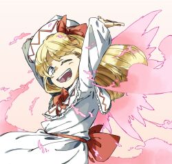 Rule 34 | 1girl, arms up, blonde hair, blue eyes, blush, dress, fairy, fairy wings, hat, lily white, long hair, long sleeves, nama udon, one eye closed, open mouth, smile, solo, touhou, upper body, white dress, white hat, wide sleeves, wings