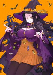 Rule 34 | 1girl, bat (animal), black hair, breasts, button gap, candy, choker, cleavage, cloak, clothes lift, commentary, cowboy shot, dress, dress lift, earrings, food, gradient hair, halloween, hat, hat ornament, hat ribbon, highres, hood, hood down, hooded cloak, jack-o&#039;-lantern, jewelry, jun (navigavi), large breasts, lifted by self, looking at viewer, multicolored hair, orange background, original, pale skin, pantyhose, pleated skirt, pointy ears, purple hair, ribbon, skirt, smile, solo, symbol-only commentary, translation request, witch, witch hat, wrapped candy, wrist ribbon
