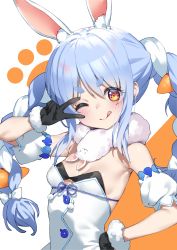 Rule 34 | 1girl, ;q, animal ear fluff, animal ears, black gloves, blue hair, blush, braid, breasts, carrot hair ornament, chyko7080, closed mouth, commentary, cutout above navel, detached sleeves, food-themed hair ornament, fur-trimmed gloves, fur scarf, fur trim, gloves, hair ornament, hand on own hip, highres, hikimayu, hololive, long hair, multicolored hair, one eye closed, orange eyes, puffy short sleeves, puffy sleeves, rabbit ears, rabbit girl, scarf, short eyebrows, short sleeves, small breasts, solo, strapless, swept bangs, thick eyebrows, tongue, tongue out, twin braids, twintails, two-tone hair, upper body, usada pekora, usada pekora (1st costume), v over eye, virtual youtuber, white hair, white scarf, white sleeves