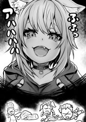 Rule 34 | animal collar, animal ear fluff, animal ears, breasts, cat ears, chef hat, collar, commentary request, evil smile, fang, greyscale, hat, hololive, hood, hoodie, large breasts, monochrome, nekomata okayu, nekomata okayu (1st costume), open mouth, plate, smile, sweater, tears, twintails, virtual youtuber, xo, yukinojou yakan
