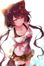 Rule 34 | 1girl, :d, absurdres, animal ears, backlighting, bell, blush, breasts, brown eyes, brown hair, cleavage, collarbone, commentary request, dog ears, dog girl, dog hair ornament, dog tail, fang, floral print, flower, fukunoki tokuwa, green skirt, hair between eyes, hair flower, hair ornament, heterochromia, highres, inui toko, inui toko (2nd costume), jingle bell, long hair, looking at viewer, low twintails, medium breasts, nijisanji, off-shoulder shirt, off shoulder, open mouth, pleated skirt, print skirt, red eyes, red flower, shirt, short sleeves, simple background, skirt, smile, solo, tail, twintails, twitter username, very long hair, virtual youtuber, white background, white shirt