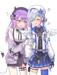 Rule 34 | 2girls, :d, ^^^, amane kanata, amane kanata (work), angel wings, asymmetrical legwear, beret, black ribbon, black skirt, blue hair, blue skirt, blush, cardigan, closed eyes, collared shirt, colored inner hair, commentary, demon girl, ear piercing, feathered wings, flower (symbol), frilled shirt, frills, gloves, gradient skirt, gradient wings, green eyes, grey cardigan, hair between eyes, hair bun, hair ornament, hat, high-waist skirt, highres, hitsuji nata, holding another&#039;s arm, hololive, jewelry, long hair, long sleeves, looking at another, multicolored hair, multicolored wings, multiple girls, necklace, o-ring, o-ring thigh strap, off-shoulder jacket, off shoulder, open cardigan, open clothes, open mouth, partially fingerless gloves, piercing, pointy ears, pouch, puffy long sleeves, puffy sleeves, purple hair, ribbon, shirt, short hair, short sleeves, side bun, silver hair, single side bun, single thighhigh, skirt, smile, star (symbol), star hair ornament, star necklace, streaked hair, thigh pouch, thigh strap, thighhighs, tokoyami towa, tokoyami towa (jirai kei), virtual youtuber, white shirt, wings