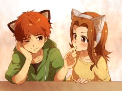 Rule 34 | 1boy, 1girl, animal ears, bad id, bad pixiv id, blush, brown eyes, brown hair, cat ears, closed mouth, commentary request, couple, digimon, digimon adventure, eye contact, hetero, izumi koshiro, long hair, looking at another, mimxxpk, shirt, simple background, tachikawa mimi