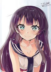 Rule 34 | 1girl, agano (kancolle), aqua eyes, black hair, blush, breasts, cleavage, closed mouth, gradient background, highres, hizaka, kantai collection, large breasts, long hair, looking at viewer, necktie, one-hour drawing challenge, red skirt, school uniform, serafuku, skirt, smile, solo, twitter username