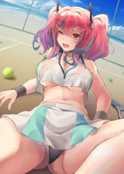 Rule 34 | 1girl, azur lane, ball, bare shoulders, beach, black panties, bow, breasts, bremerton (azur lane), bremerton (scorching-hot training) (azur lane), chain-link fence, commentary, crop top, crop top overhang, day, fence, grey hair, hair between eyes, hair bow, hair ornament, hairclip, heart, heart necklace, jewelry, large breasts, long hair, md5 mismatch, misashi (raichi821), mole, mole under eye, multicolored hair, necklace, one eye closed, open mouth, outdoors, panties, pantyshot, pink hair, racket, resolution mismatch, see-through, source larger, sportswear, streaked hair, sweat, teeth, tennis ball, tennis court, tennis racket, tennis uniform, thighs, twintails, two-tone hair, two-tone shirt, two-tone skirt, underwear, upper teeth only, wet, wet clothes, x hair ornament