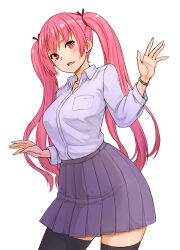 Rule 34 | 1girl, black thighhighs, blush, collared shirt, commentary request, grey shirt, grey skirt, highres, kakone, long hair, long sleeves, looking at viewer, open mouth, original, pink eyes, pink hair, pleated skirt, shirt, simple background, skirt, solo, thighhighs, twintails, white background