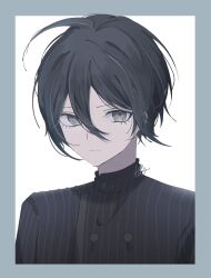 Rule 34 | 1boy, ahoge, black hair, black jacket, border, brown eyes, buttons, closed mouth, danganronpa (series), danganronpa v3: killing harmony, double-breasted, grey border, hair between eyes, highres, jacket, long sleeves, looking at viewer, male focus, portrait, pote (pote 39), saihara shuichi, short hair, smile, solo, striped clothes, striped jacket, white background