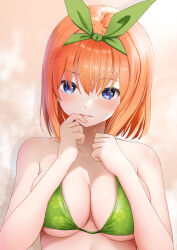 Rule 34 | 1girl, absurdres, bare shoulders, bikini, blue eyes, blush, breasts, cleavage, collarbone, finger to mouth, floral print, gibun (sozoshu), go-toubun no hanayome, gradient background, green bikini, green hairband, hairband, hands on own chest, highres, large breasts, looking at viewer, nakano yotsuba, orange background, orange hair, parted lips, print bikini, short hair, solo, swimsuit, upper body