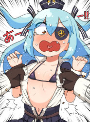 Rule 34 | 1girl, absurdres, assisted exposure, bikini, bikini under clothes, black bikini, black bow, black headwear, black skirt, blue hair, blush, bow, brown eyes, brown gloves, collarbone, commander (last origin), commentary request, emphasis lines, eyepatch, fang, gloves, hair between eyes, hair bow, hands up, hat, highres, korean commentary, lakilolom, last origin, long hair, long sleeves, lrl (last origin), micro bikini, mini hat, navel, nose blush, shirt, short sleeves, skirt, solo focus, striped, striped bow, surprised, sweat, swimsuit, two side up, very long hair, white background, white shirt, wrist cuffs