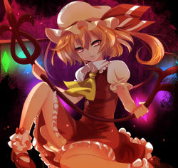 Rule 34 | 1girl, ascot, bad id, bad pixiv id, blonde hair, bobby socks, dokulow, female focus, flandre scarlet, glowing, glowing wings, gradient background, hat, hat ribbon, laevatein, mary janes, polo (dokulow), red eyes, ribbon, shoes, short hair, side ponytail, skirt, skirt set, socks, solo, touhou, wings