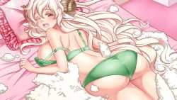 Rule 34 | 1girl, animal ears, artist request, ass, bed, blush, bra, breasts, curled horns, game cg, green bra, green panties, horizontal pupils, horns, kehp (monster musume), large breasts, long hair, looking at viewer, lying, monster musume no iru nichijou, monster musume no iru nichijou online, official art, on bed, on stomach, one eye closed, open mouth, panties, sheep ears, sheep girl, solo, strap slip, underwear, very long hair, white hair, yellow eyes
